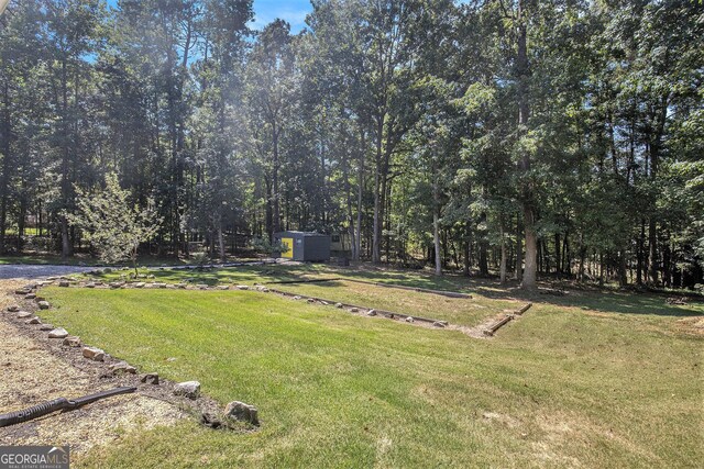 view of yard featuring a storage shed