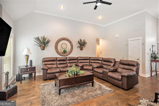 living room with hardwood / wood-style flooring, crown molding, ceiling fan, and vaulted ceiling