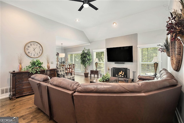 103 Royal Way, Mcdonough, GA 30252 - living room with plenty of natural light, a ceiling fan, lofted ceiling, and wood finished floors