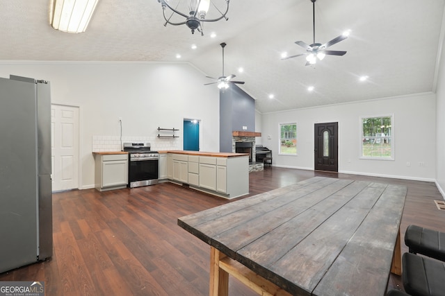 kitchen with ceiling fan with notable chandelier, stainless steel appliances, dark hardwood / wood-style flooring, lofted ceiling, and ornamental molding