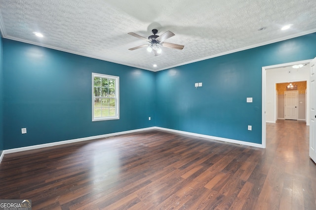 unfurnished room with a textured ceiling, dark wood-type flooring, ceiling fan, and ornamental molding