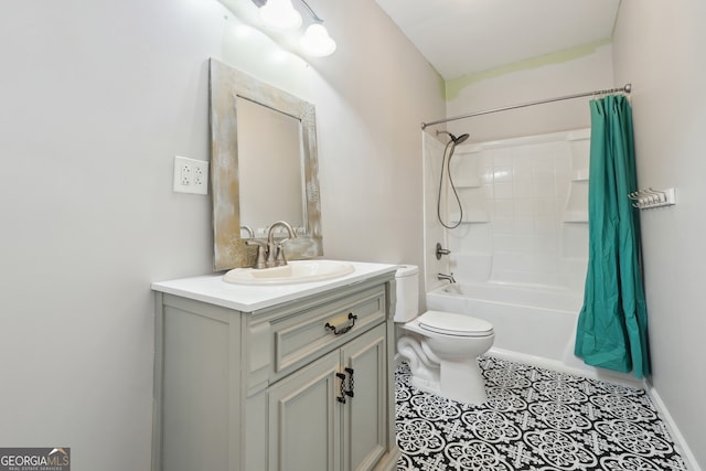 full bathroom with vanity, toilet, shower / tub combo with curtain, and tile patterned flooring