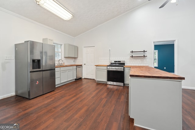 kitchen featuring appliances with stainless steel finishes, dark wood-type flooring, lofted ceiling, ceiling fan, and butcher block counters