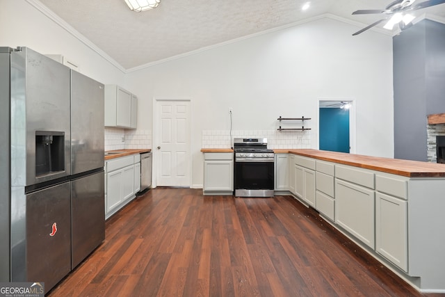 kitchen featuring tasteful backsplash, stainless steel appliances, butcher block countertops, ceiling fan, and dark hardwood / wood-style floors