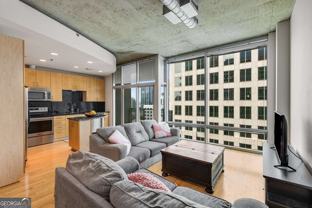 living room featuring light hardwood / wood-style flooring, sink, and a wall of windows