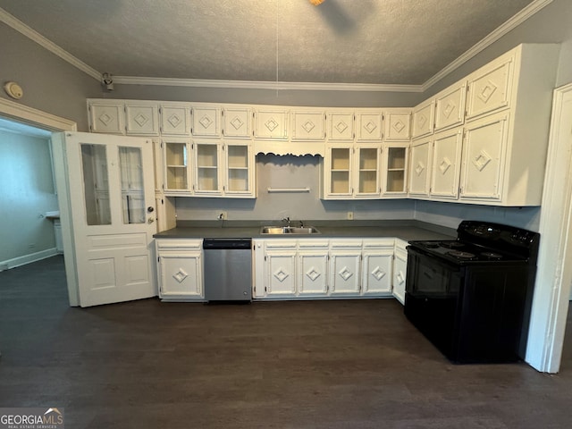 kitchen with dishwasher, black range with electric cooktop, white cabinetry, dark hardwood / wood-style floors, and a textured ceiling