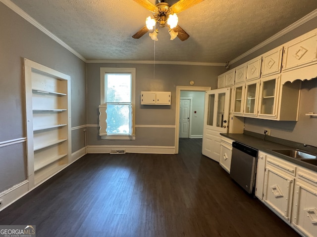 kitchen featuring white cabinets, ceiling fan, a textured ceiling, and stainless steel dishwasher