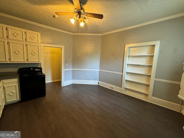 interior space with ceiling fan, dark hardwood / wood-style floors, ornamental molding, and a textured ceiling