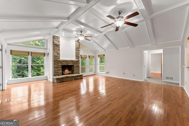 5775 Lakeshore Dr, Buford, GA 30518 - unfurnished living room with a ceiling fan, light wood-style flooring, baseboards, and a fireplace