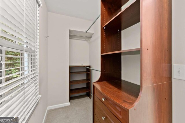 walk in closet featuring light carpet