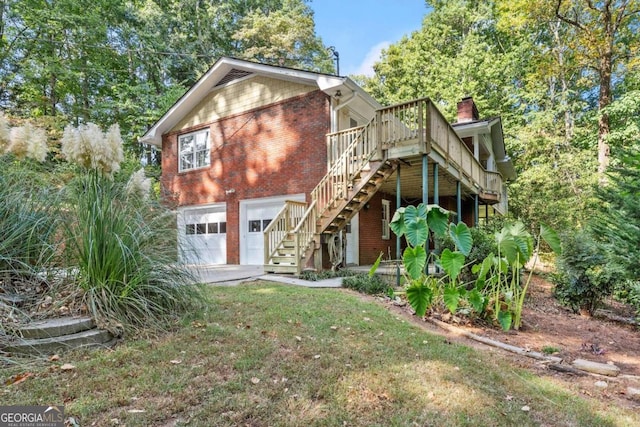 5775 Lakeshore Dr, Buford, GA 30518 - view of front of house featuring stairway, an attached garage, a wooden deck, brick siding, and driveway