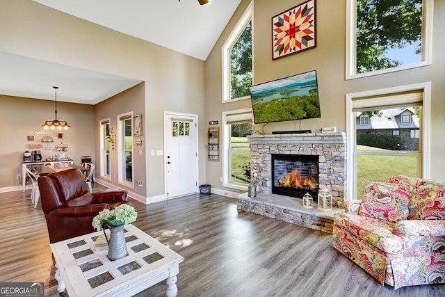 living room with hardwood / wood-style floors, a fireplace, and a healthy amount of sunlight