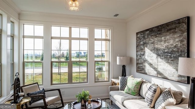 living room featuring crown molding