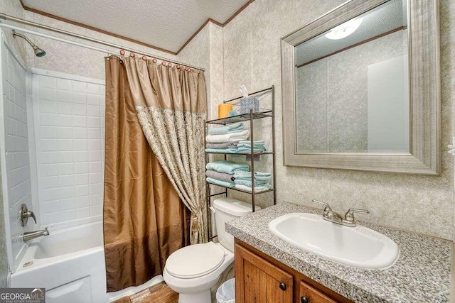 full bathroom featuring crown molding, a textured ceiling, toilet, shower / tub combo with curtain, and vanity