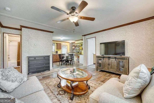 living room featuring light hardwood / wood-style flooring, ceiling fan, and ornamental molding