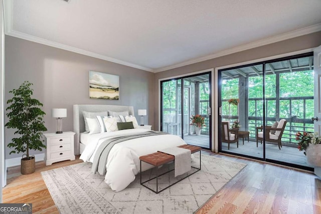 bedroom featuring crown molding, access to outside, and light hardwood / wood-style flooring