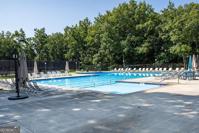 view of swimming pool with a patio area