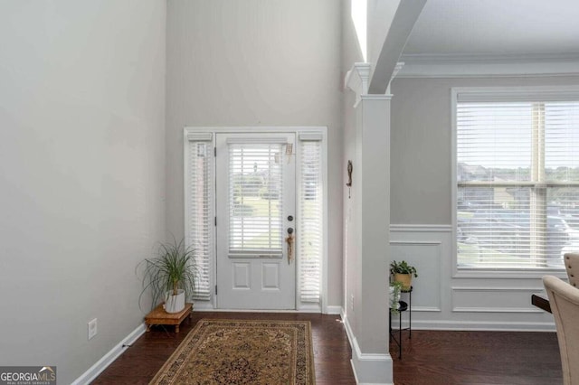 foyer featuring crown molding, a healthy amount of sunlight, and dark hardwood / wood-style flooring