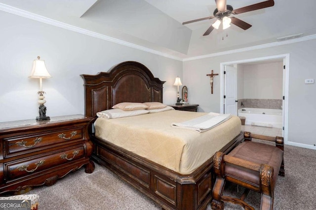 carpeted bedroom with ornamental molding, lofted ceiling, ensuite bathroom, and ceiling fan