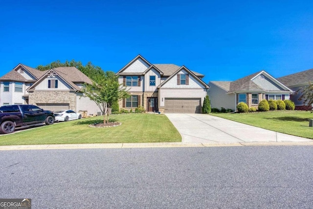 craftsman-style home with a garage and a front lawn