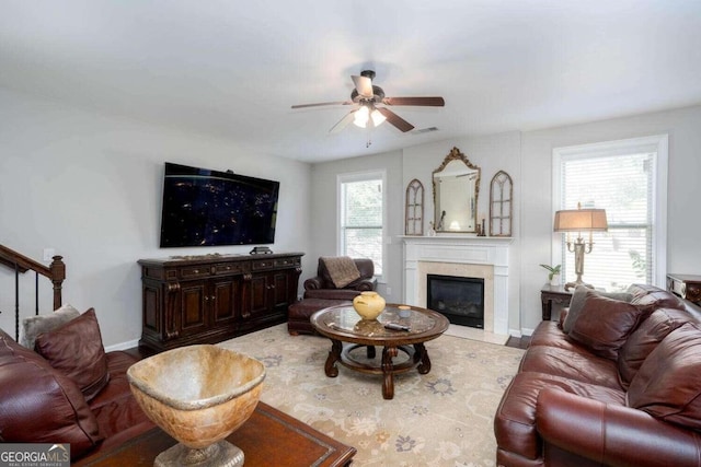 living room featuring ceiling fan