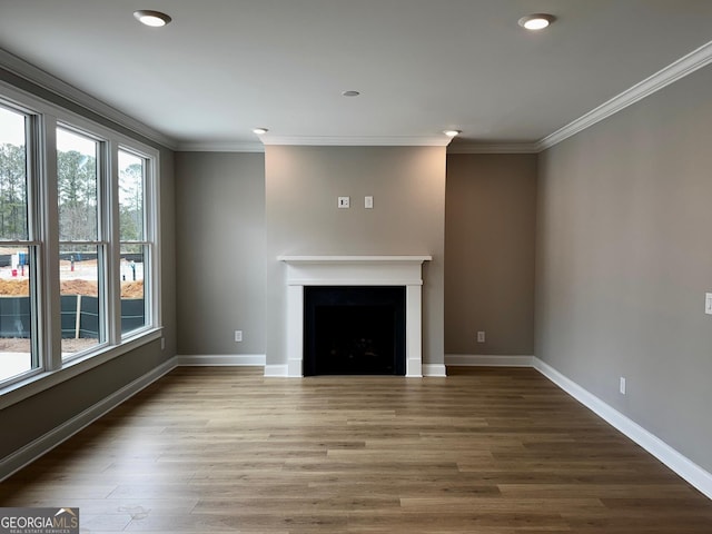 unfurnished living room with baseboards, wood finished floors, a fireplace, and crown molding