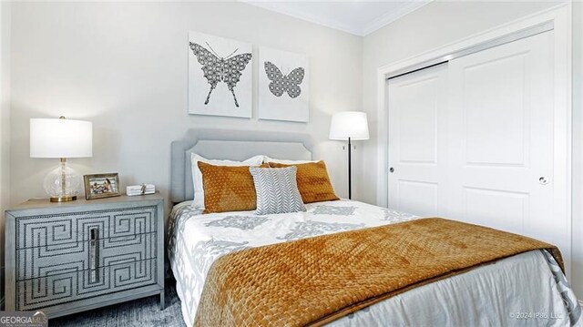 bedroom featuring crown molding and a closet