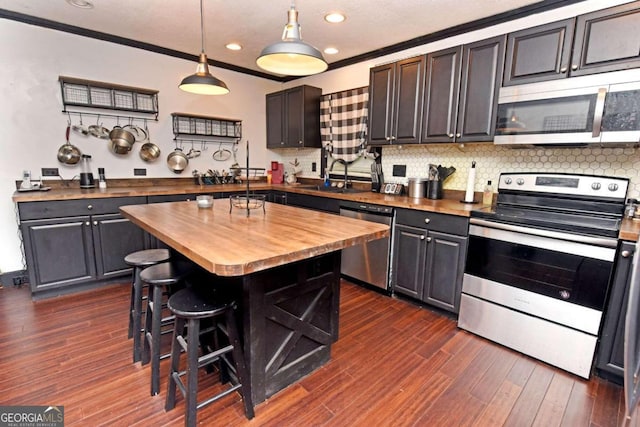 kitchen featuring dark hardwood / wood-style floors, butcher block countertops, appliances with stainless steel finishes, a center island, and sink