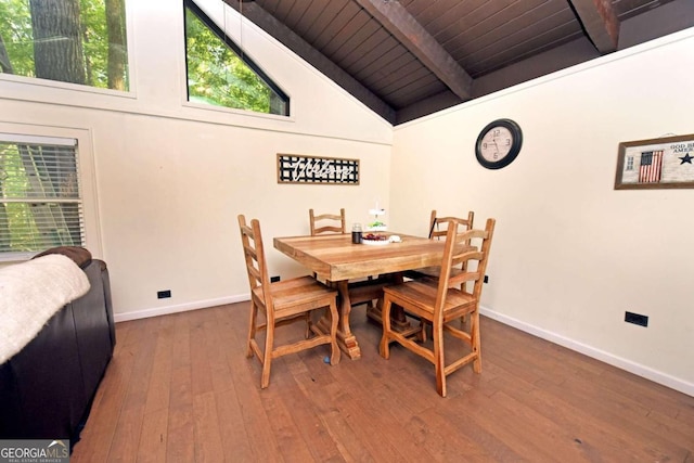 dining area with wood ceiling, plenty of natural light, beamed ceiling, and dark hardwood / wood-style flooring