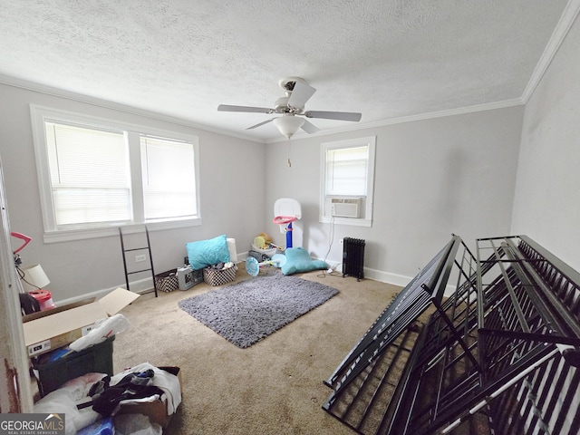 interior space featuring a textured ceiling, crown molding, and carpet floors