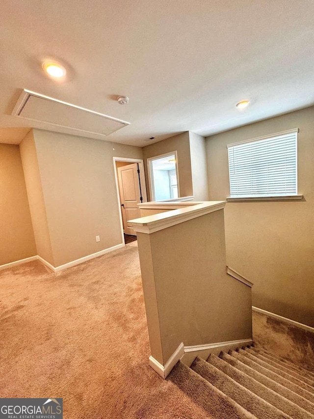 staircase with a textured ceiling and carpet