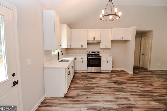 kitchen with white cabinetry, stainless steel electric range, sink, and a wealth of natural light