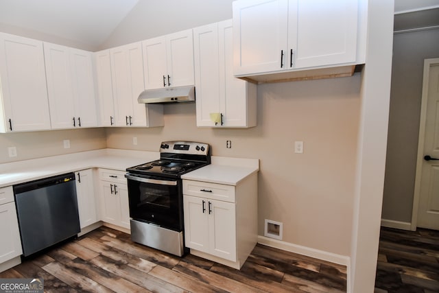 kitchen featuring appliances with stainless steel finishes, lofted ceiling, dark wood-type flooring, and white cabinets