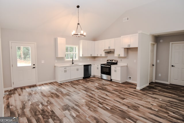 kitchen with hardwood / wood-style floors, dishwasher, white cabinetry, and stainless steel range with electric stovetop