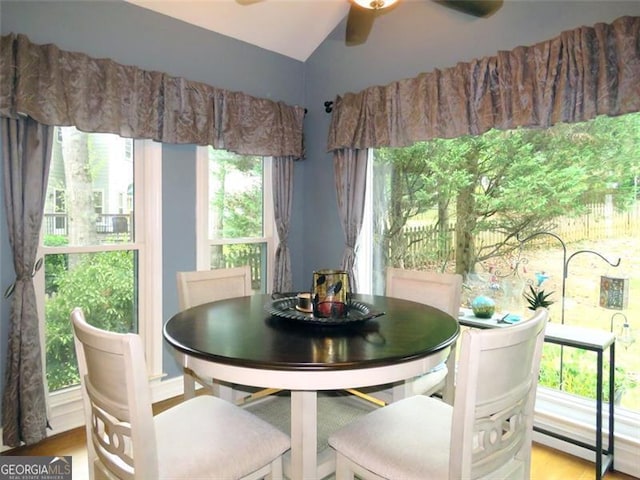 dining space featuring a healthy amount of sunlight, light wood-type flooring, and ceiling fan