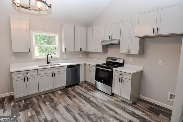 101 Alexandria Way, Thomaston, GA 30286 - kitchen featuring stainless steel appliances, a sink, under cabinet range hood, wood finished floors, and vaulted ceiling