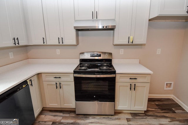 101 Alexandria Way, Thomaston, GA 30286 - kitchen with under cabinet range hood, electric stove, dishwashing machine, wood finished floors, and light countertops