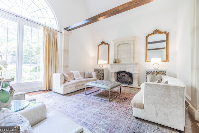 living room with wood-type flooring and beam ceiling