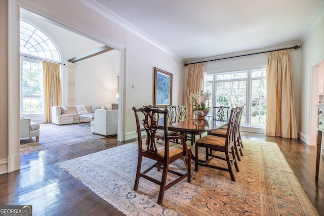 dining area with crown molding and dark wood-type flooring