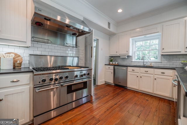 kitchen with white cabinets, stainless steel appliances, range hood, and dark hardwood / wood-style floors