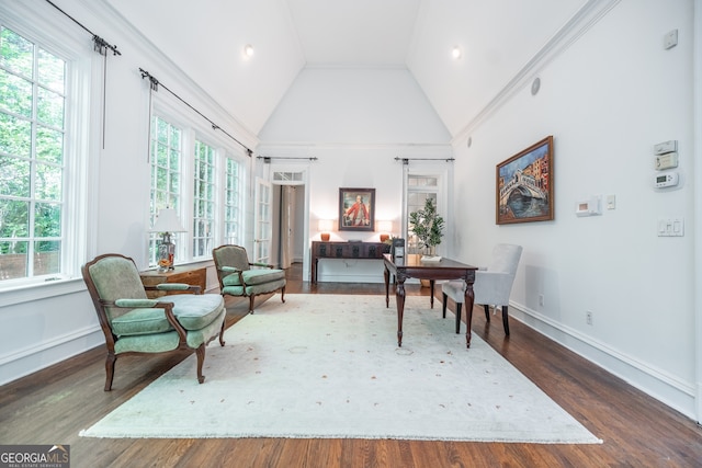 living area featuring ornamental molding, dark hardwood / wood-style flooring, and high vaulted ceiling