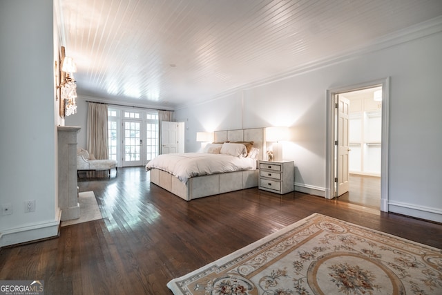 bedroom featuring crown molding, dark hardwood / wood-style floors, and french doors