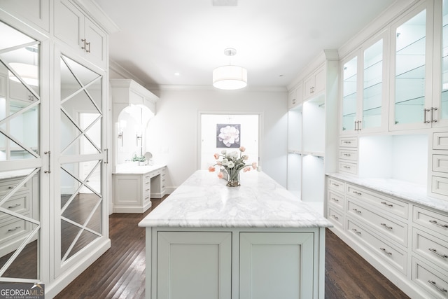 walk in closet with dark wood-type flooring