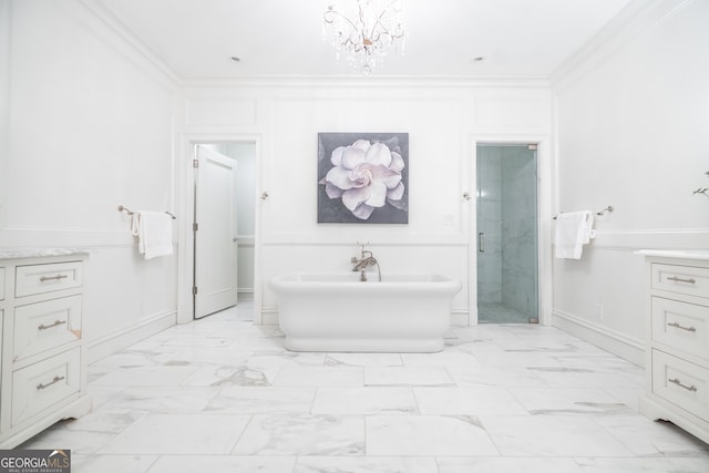 bathroom with crown molding, an inviting chandelier, vanity, and plus walk in shower