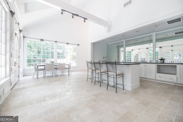 kitchen with french doors, a healthy amount of sunlight, a breakfast bar area, and white cabinets