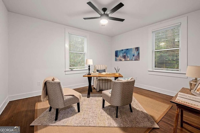 office with hardwood / wood-style floors and ceiling fan