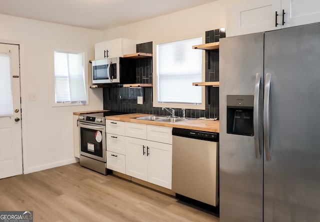 kitchen with white cabinetry, wood counters, sink, and stainless steel appliances