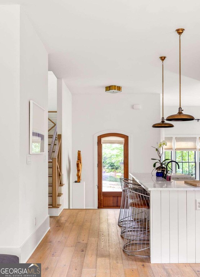 foyer entrance with light wood-type flooring and a healthy amount of sunlight