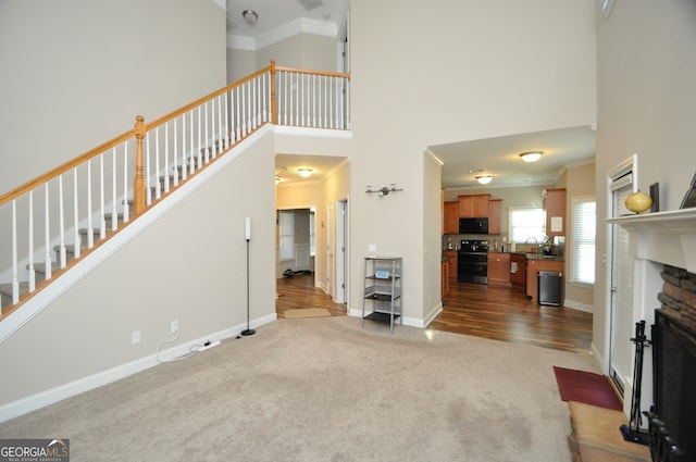 living room featuring crown molding, wood-type flooring, and a high ceiling