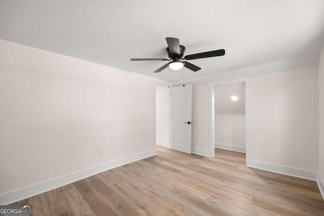 unfurnished bedroom featuring a closet, ceiling fan, and light hardwood / wood-style floors